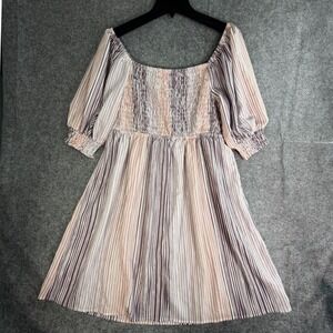Chelia Roe Striped Smocked Square Neck Puff Sleeve Mini Dress Women's Size L